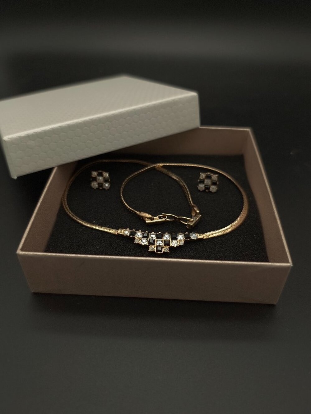 Vintage Nina Ricci Checkerboard Herringbone Gold Tone Necklace Earring Set